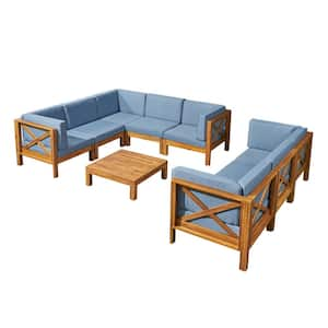 Brava Teak Brown 9-Piece Wood Patio Conversation Sectional Seating Set with Blue Cushions