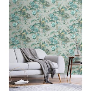 56 sq. ft. Aged Teal & Metallic Steel Linden Bird Floral Paper Unpasted Wallpaper Roll