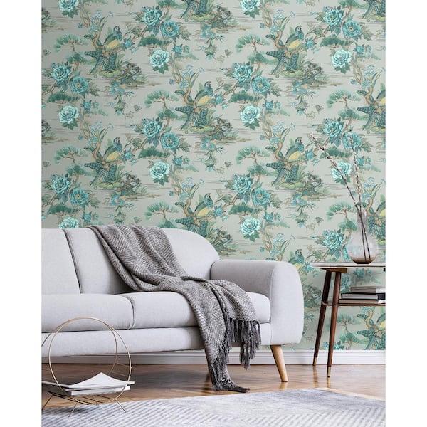 56 sq. ft. Aged Teal & Metallic Steel Linden Bird Floral Paper Unpasted Wallpaper Roll
