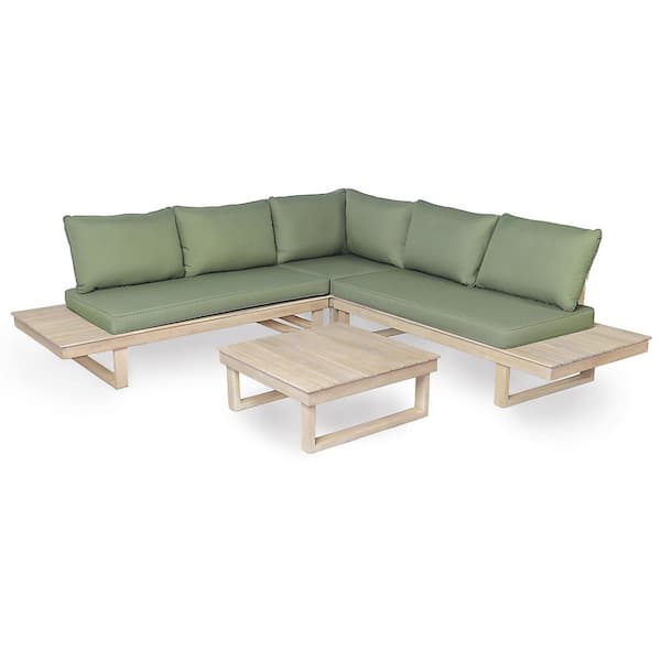 Tyler Light White Finish Acacia Wood 4-Piece Outdoor Patio Sectional Set with Green Cushions, Seats 5