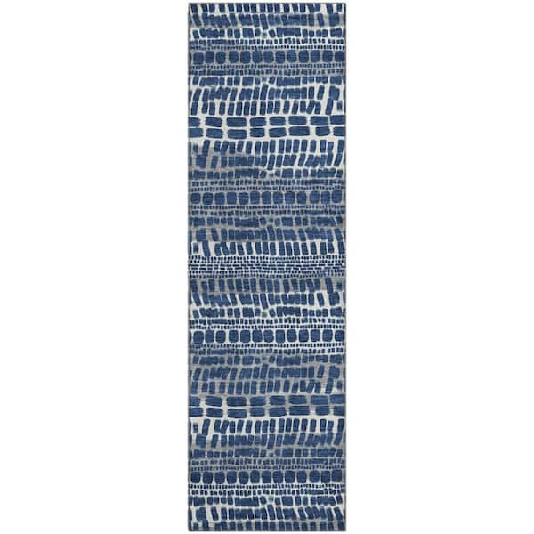 Mayfield Premium Machine Washable Abstract AMF2540 Navy 2 ft. x 7 ft. Runner Rug