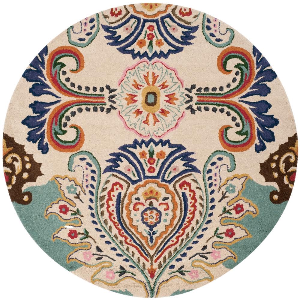 Bella Ivory and Blue Round Hand-Tufted Wool Area Rug