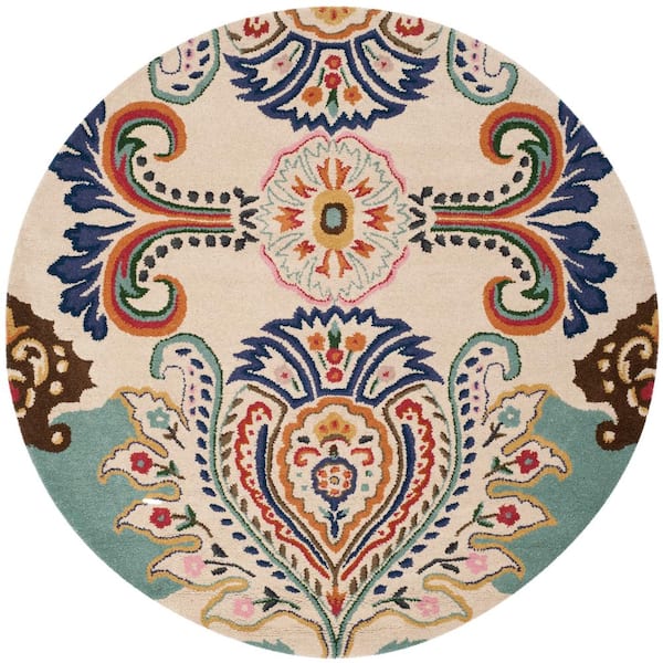 SAFAVIEH Bella Ivory/Blue 5 ft. x 5 ft. Round Floral Area Rug