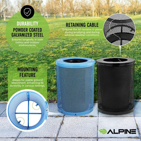 36 Gal. Black and Blue Steel Diamond Outdoor Commercial Trash Can and Recycling Station Combo with Flat Lid and liner