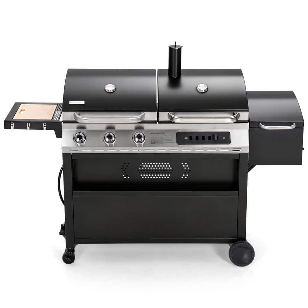 3-Burner Propane Gas with Offset Charcoal Smoker Dual Fuel Combo Grill in Black