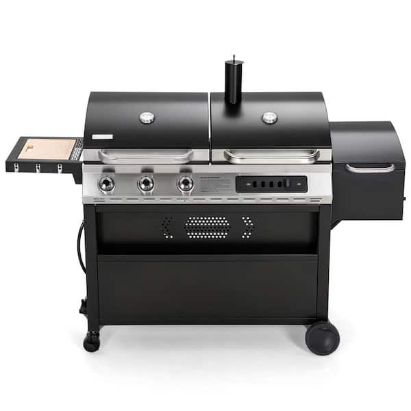 3-Burner Propane Gas with Offset Charcoal Smoker Dual Fuel Combo Grill in Black
