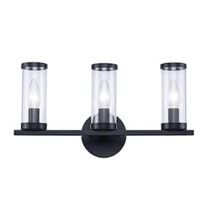 16.5 in. 3-Light Black Bathroom Vanity Light Fixture with Clear Glass Shade and Metal Accents