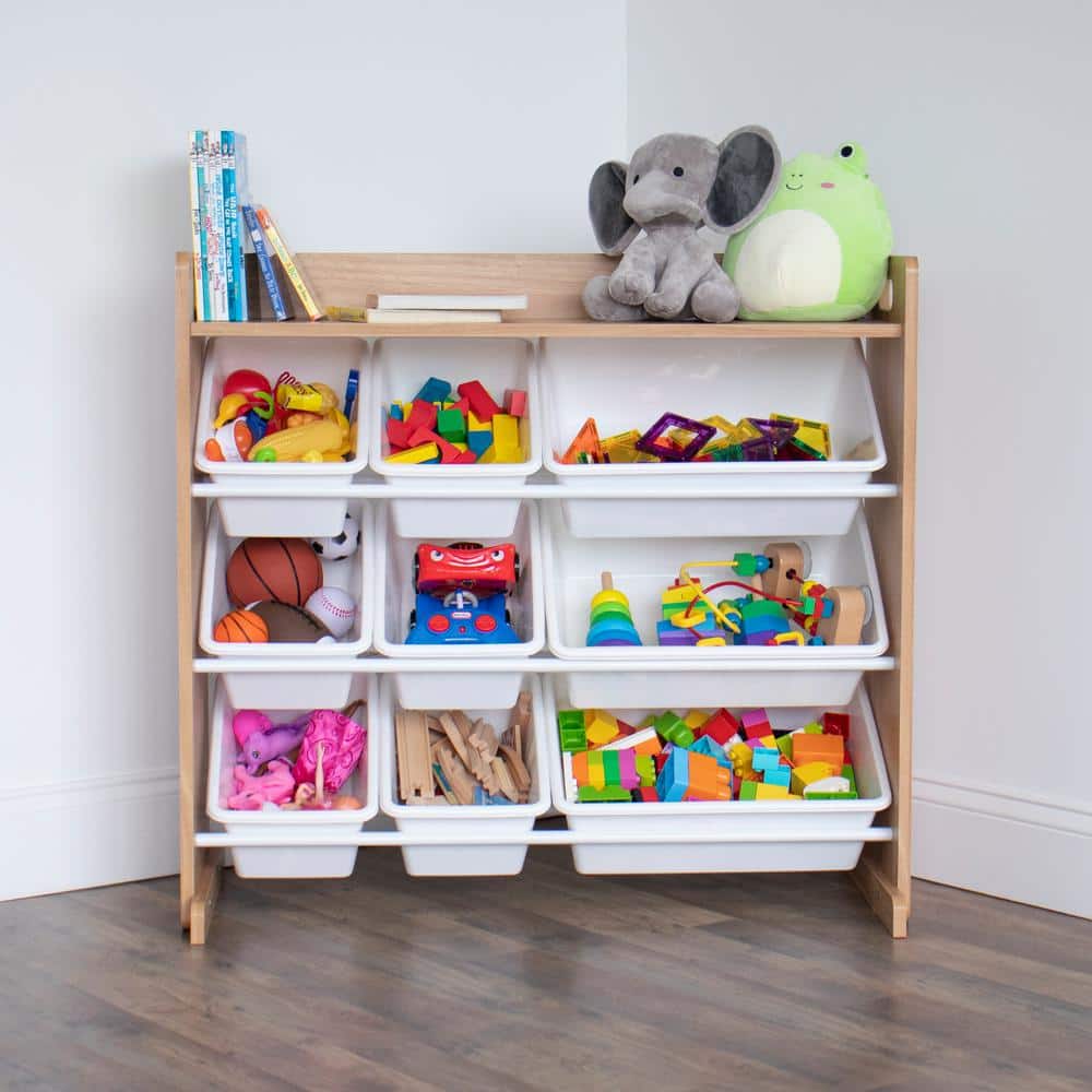 Natural Wood and White Kids Toy Storage Organizer with 9 Bins