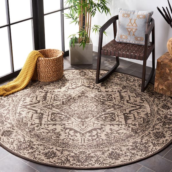 Linden Cream/Brown 7 ft. x 7 ft. Floral Medallion Border Indoor/Outdoor Round Area Rug