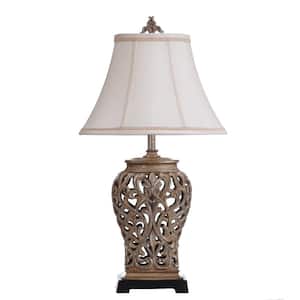 33 .3 in. Tan, Silver Table Lamp with Cream/Off-White Fabric Shade