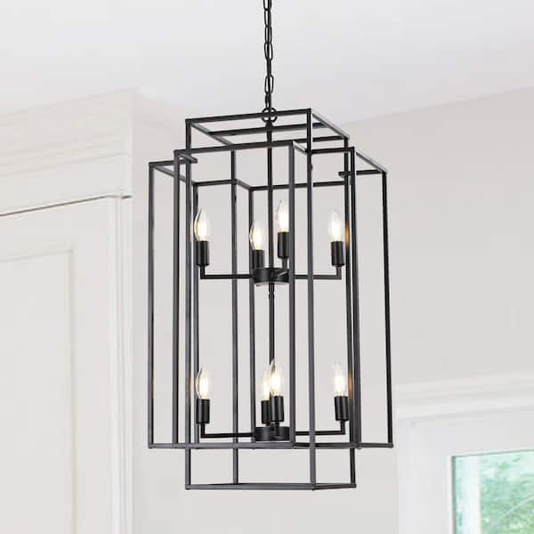 18 in. W 8-Lights Industrial Farmhouse Tiered Chandelier for Entryway, Foyer, Staircase, E12, No Bulbs (Black)