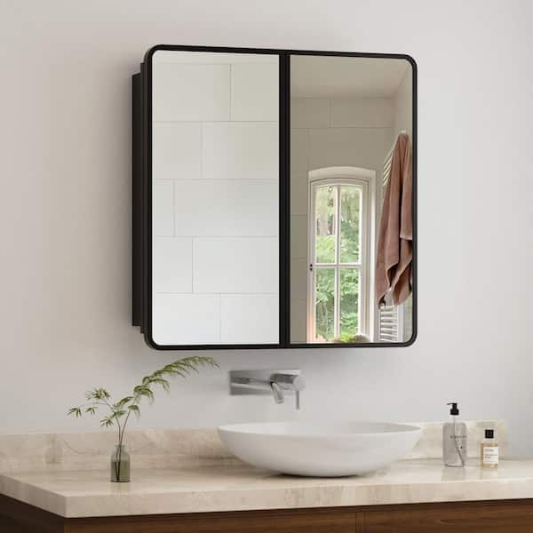 FAMYYT 32 in. W x 32 in. H Black Rectangular Aluminum Surface/Recessed Medicine Cabinet with Mirror