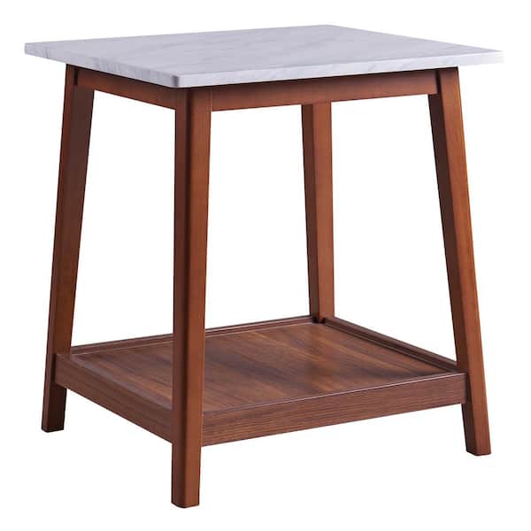 Teamson Home Kingston 22 in. H Side Table with Storage and Marble-Look Top, Marble/Walnut