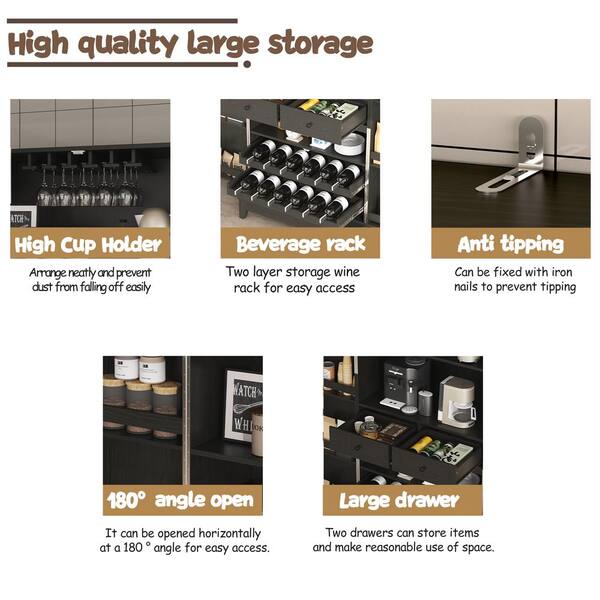 Seafuloy Black Wood Bar Cabinet with Wine Racks Storage Server  WF285318AAB-1 - The Home Depot