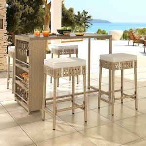 5-Piece Wicker Outdoor Serving Bar Set with Beige Cushions with Glass Rack