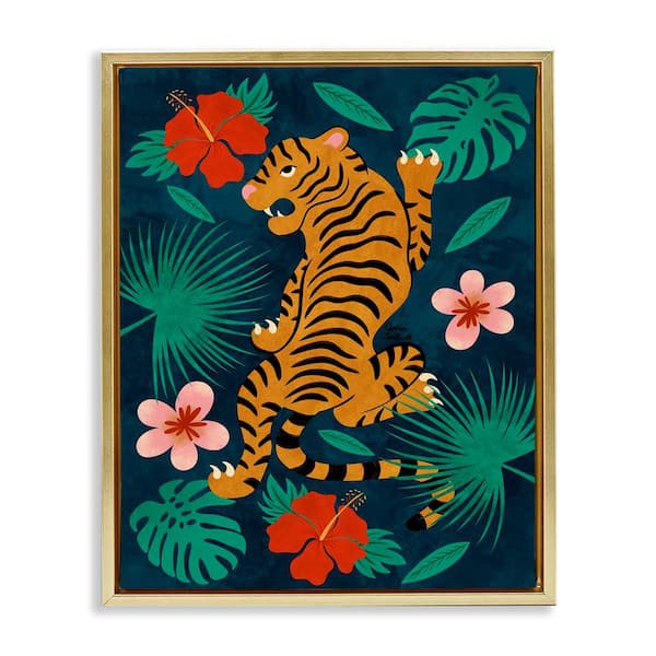 Stupell Industries Climbing Tiger Tropics by Carrie Cantwell Gold Floater Frame Animal Graphic Art Print 21 in. x 17 in.