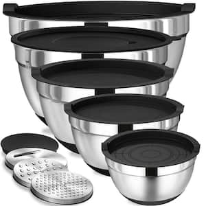 Black Mixing Bowls with Airtight Lids Set, Stainless Steel Nesting Bowls with Grater Attachments, Silicone Botton