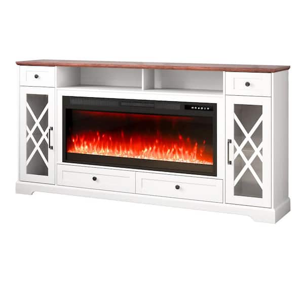 SKYSHALO 80 in. Fireplace TV Stand, Media Storage Corner with 42 in. Fireplace, Cabinets Storage & Drawers, Brown,White 45-80 in.