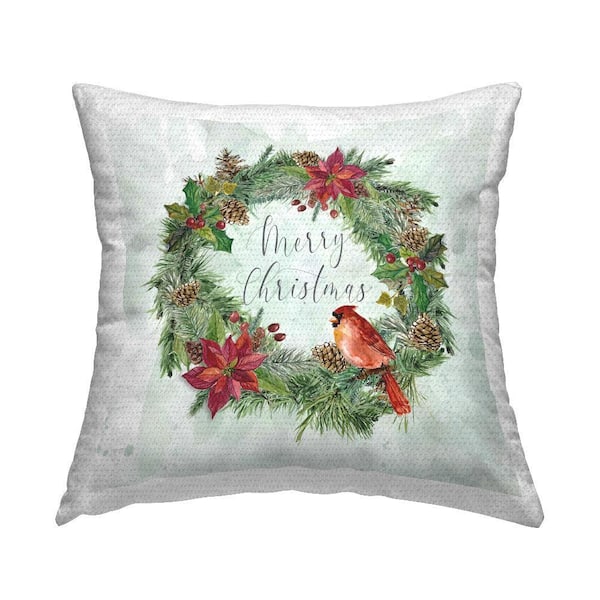 Christmas Cardinal on Wreath Green Square Outdoor Throw Pillow