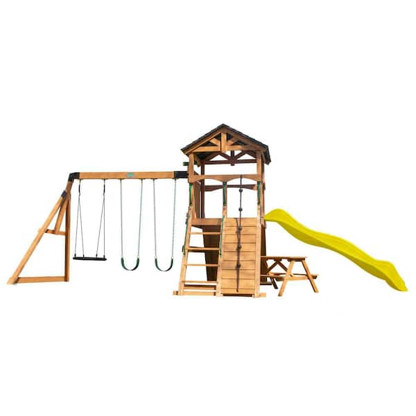 Endeavor II Outdoor Playground Set w/ Elevated Clubhouse, Climbing Wall, Yellow Wave Slide, and Picnic Bench
