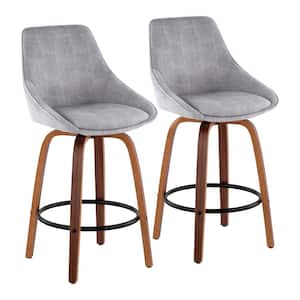 Diana 25.50 in. Solid Back Counter Height Stool in Grey Corduroy and Walnut Wood with Round Black Footrest (Set of 2)