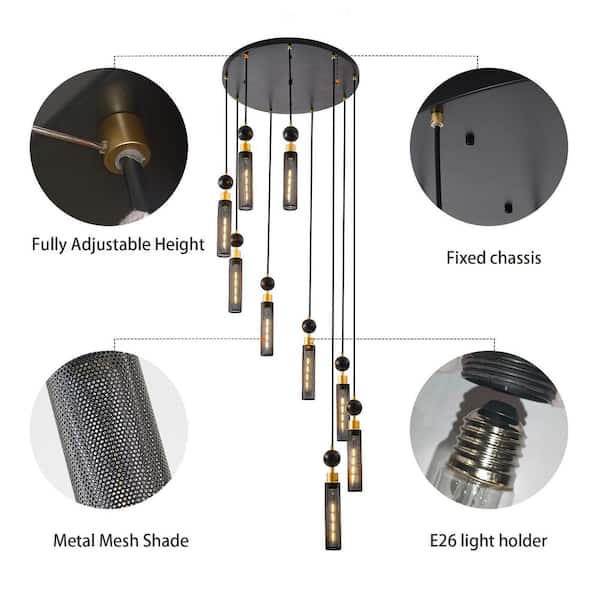 9-Light Black and Gold Metal Mesh Shades Chandelier for Kitchen Island Living Room-Adjustable Height (Bulb Not Included)