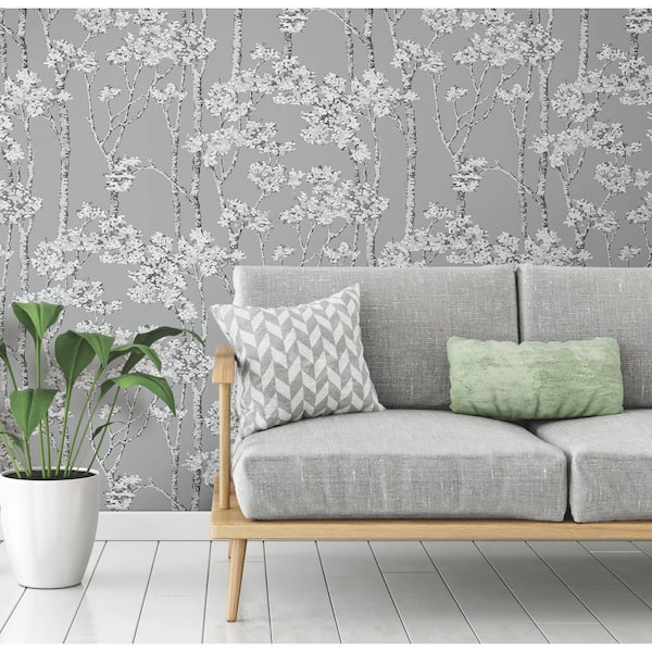 Birch Grove Grey Vinyl Peel and Stick Matte Wallpaper 30.75 sq. ft.