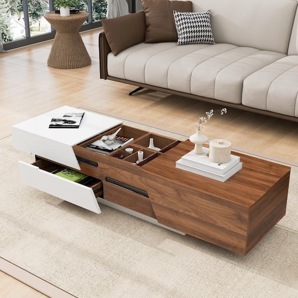 47.24 in. Walnut/White Rectangle Extendable Sliding MDF Top Coffee Table with Storage
