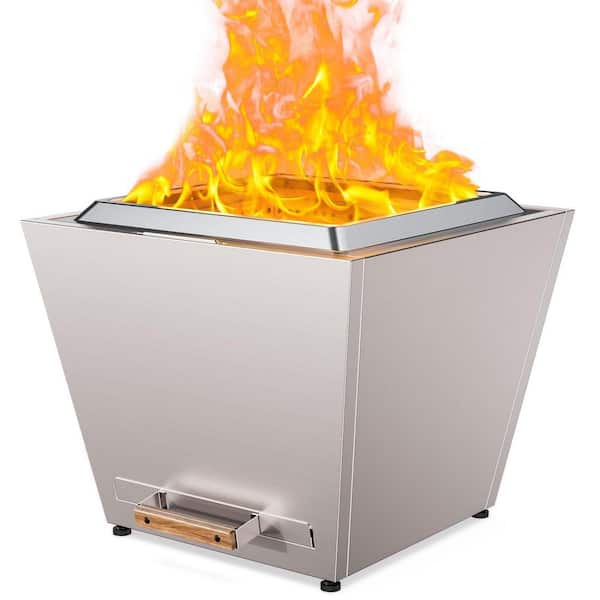 25 in. Smokeless Fire Pit, Wood Burning Fireplaces w/ Pull-Out Ash Pan, Portable Outdoor Firepits, Carry Handle, Silver