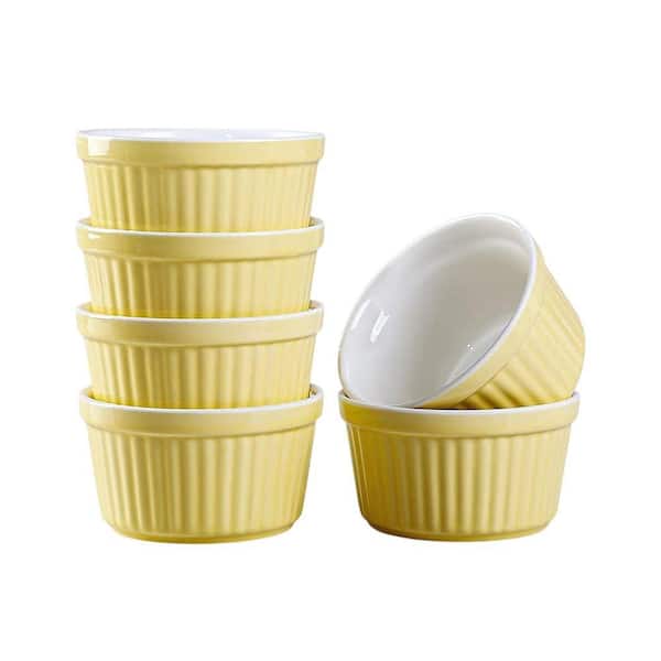 Yellow Ceramic Food Storage Ramekin for 6 oz Cups, Oven Safe Porcelain Baking Dish, Dessert Set, 6-Pack