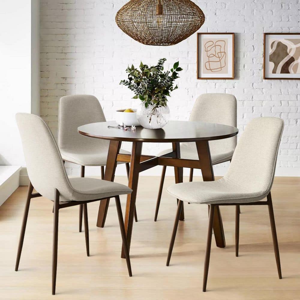 LAOTIES Beige Upholstered Dining Chair with Walnut Metal Legs Set