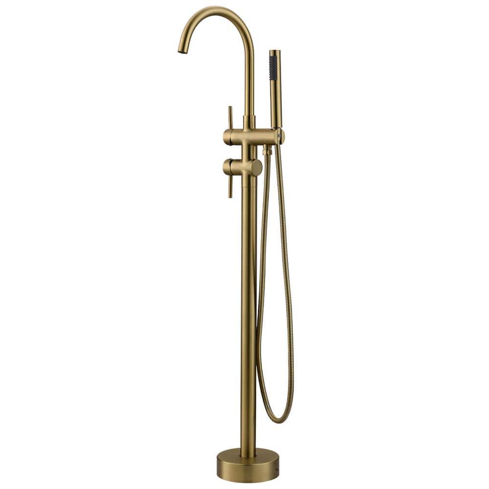 2-Handle Freestanding Floor Mount Tub Faucet Bathtub Filler with Hand Showe