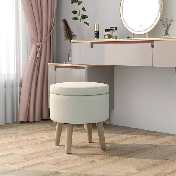 Costway Beige Farbic Round Storage Ottoman Accent Storage