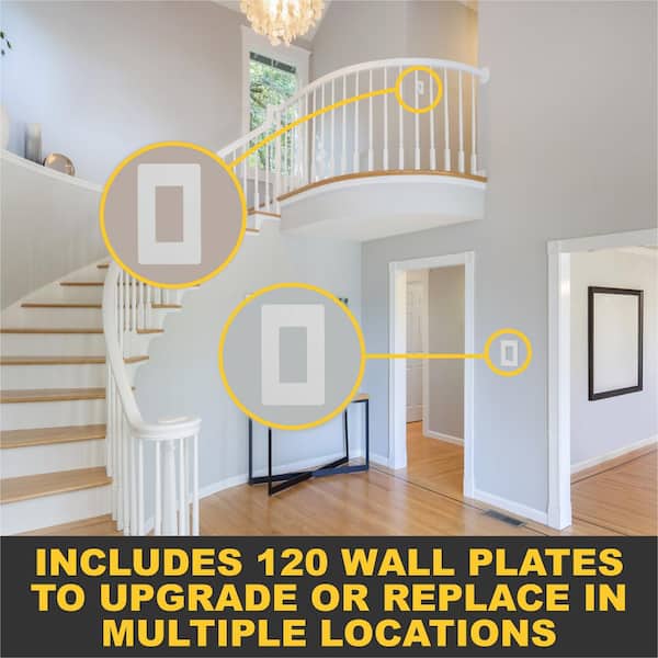 1-Gang Decorator Screwless Wall Plate, GFCI Outlet/Rocker Light Switch Cover, Single Gang, White (120-Pack)