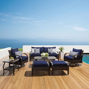 Barcelo 7-Piece Wicker Motion Patio Deep Seating Conversation Set with Sunbrella Navy Blue Cushions