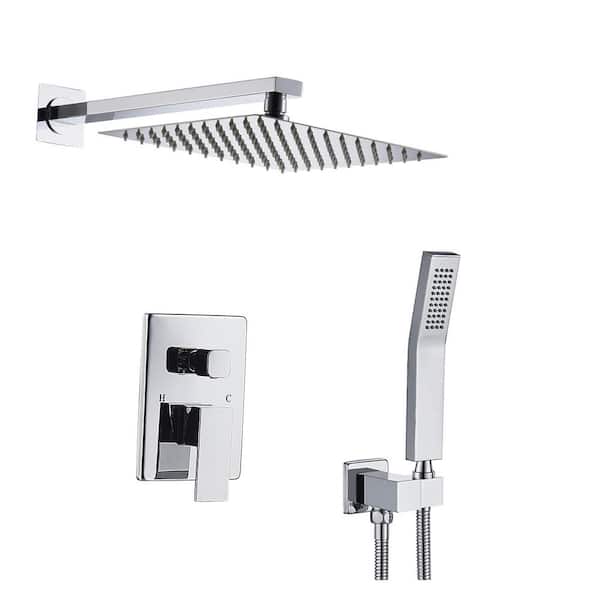 Magic Home 1-Spray 11.8 in. Square Temperature Control Hand Shower and Showerhead from Wall Combo Kit with Slide Bar in Chrome