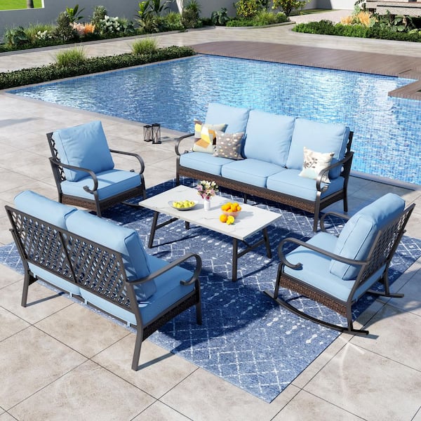 PHI VILLA 5-Piece Black Metal 7 Seats Outdoor Patio Conversation Set with Rocking Chair, Marbling Coffee Table and Blue Cushions