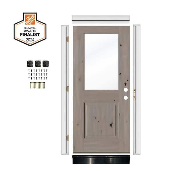 DIY RTA Kit 32in.x80in. Modern Left-Hand/Inswing Clear Glass Grey Stain Knotty Alder Wood Ready To Assemble Front Door