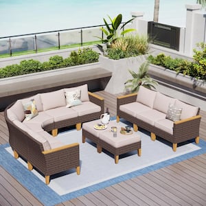 Brown Rattan Wicker 11 Seat 11-Piece Steel Outdoor Patio Conversation Set with Beige Cushions