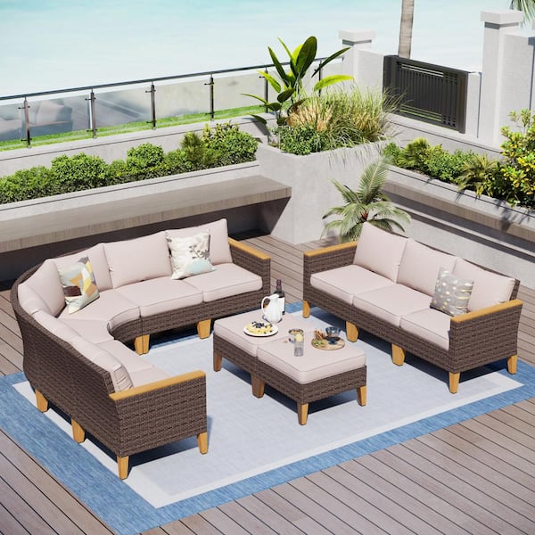 PHI VILLA Brown Rattan Wicker 11 Seat 11-Piece Steel Outdoor Patio Conversation Set with Beige Cushions