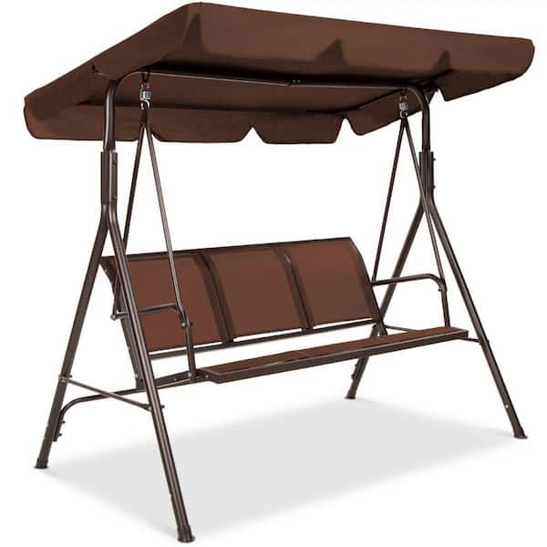 Unbranded 67.5 in. Brown 3-Seat Outdoor Adjustable Canopy Swing Glider Metal Patio Bench with Textilene Bench