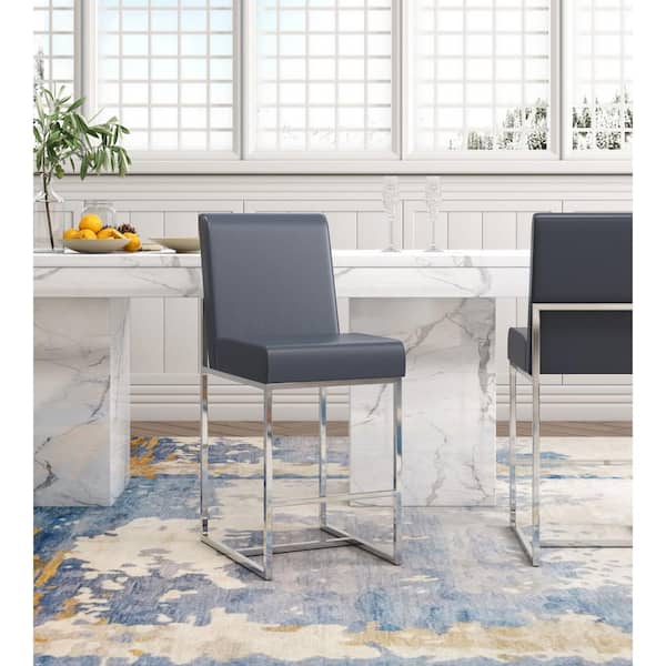 Element 24.8 in. Graphite and Polished Chrome Metal Counter Stool with Faux Leather Upholstered Seat (Set of 3)