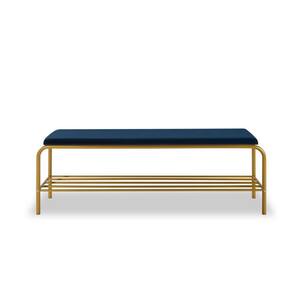 17.72 in. H x 55.12 in. W Blue Metal Shoe Storage Bench with Velvet Upholstered