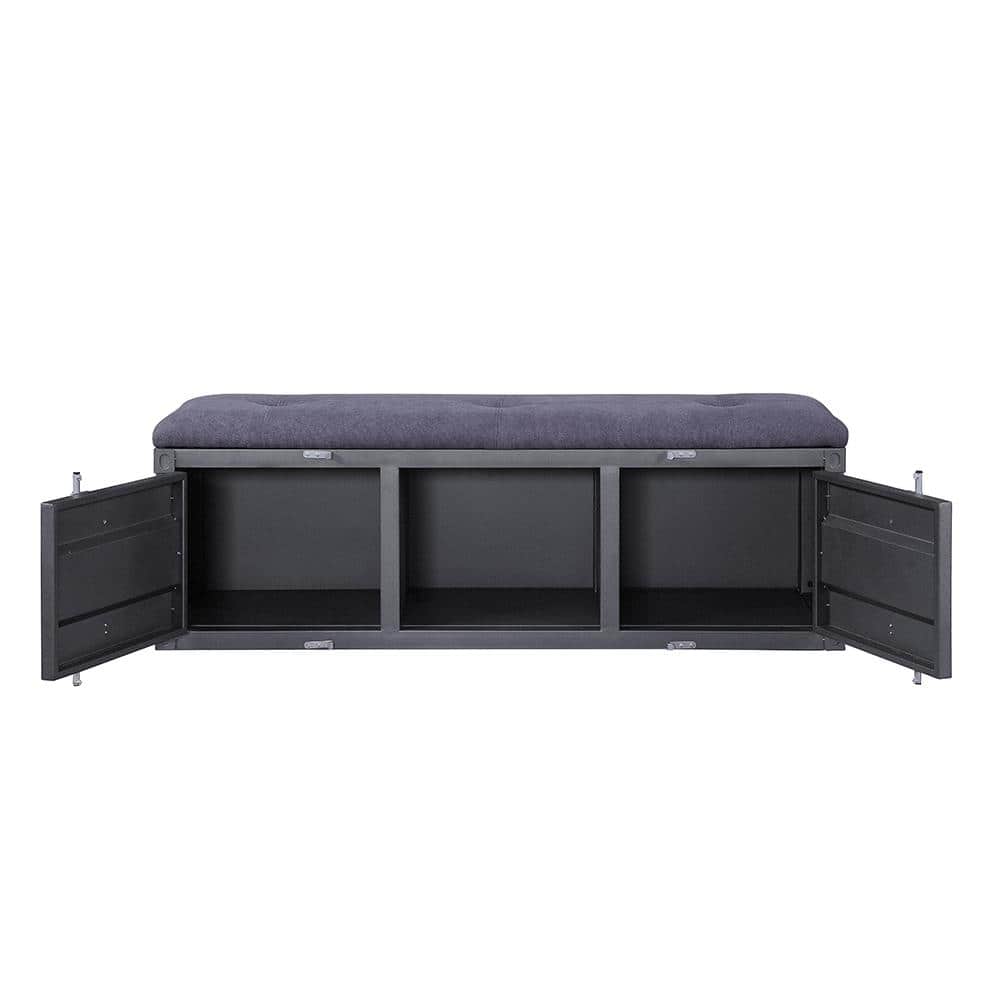 Contemporary Gray Fabric Cargo Storage Bench, 56" Gunmetal Accents