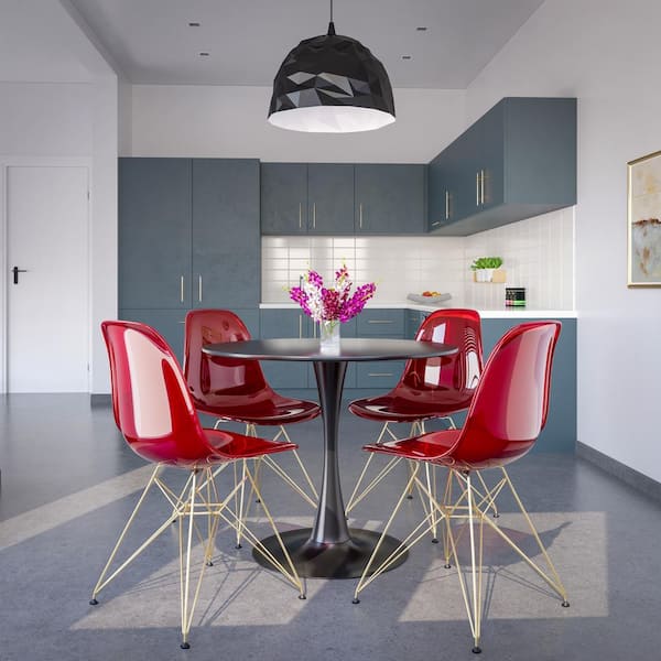 Leisuremod Cresco Acrylic Dining Chair with Gold Metal Frame Accent Side Chair Eifel Base in Transparent Red