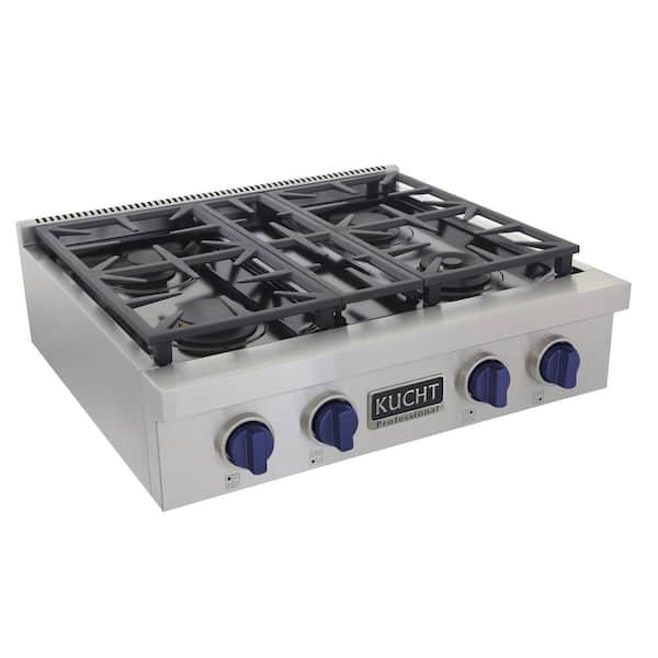 Professional 30 in. Natural Gas Range Top in Stainless Steel and Royal Blue Knobs with 4 Burners