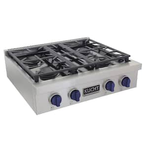 Professional 30 in. Liquid Propane Gas Range Top in Stainless Steel with Royal Blue Knobs with 4 Burners