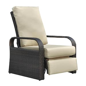 Brown Wicker Outdoor Recliner with Khaki Brown Cushions