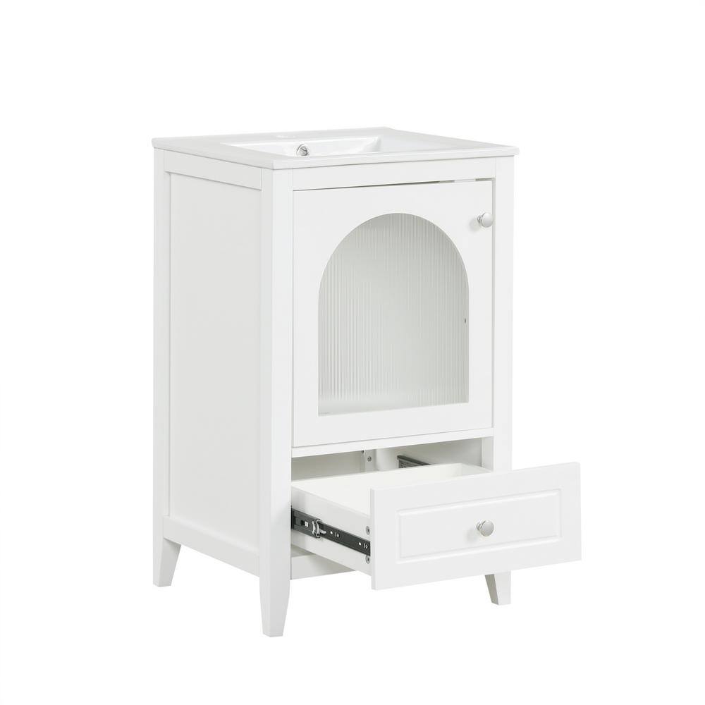 White 20" Freestanding Bathroom Vanity with Ceramic Sink and Glass Door