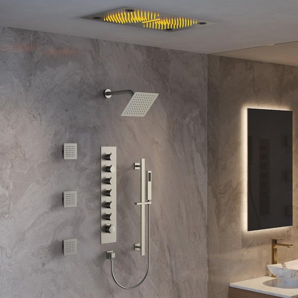 Aurorasymphony LED Bluetooth 6-Spray Ceiling Mount 28 and 8 in. Dual Showers 3-Jet Handheld 2.5 GPM in Brushed Nickel